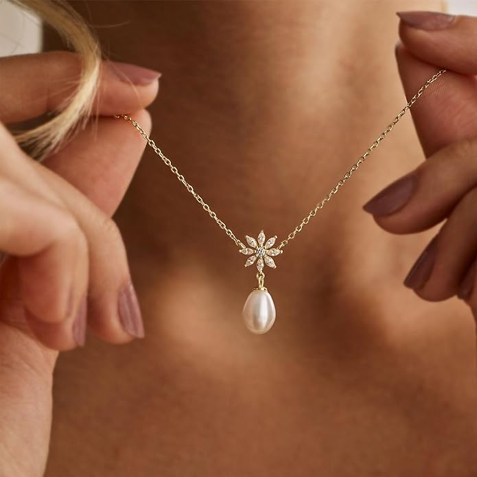 Valentines Day Gifts for Her - 14K Gold Plated Pearl Necklaces for Women Trendy Dainty Necklace Simple Layered Pearl Necklaces for Women Trendy Wedding Birthday Valentines Jewelry