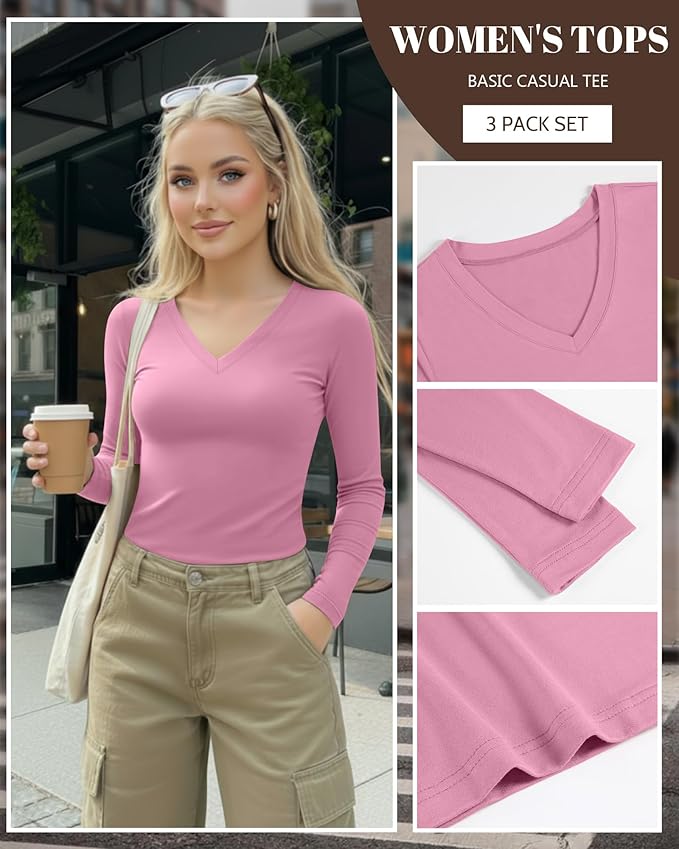 Ficerd 3 Pack Women's Long Sleeve Shirts, V Neck Basic Tees Slim Fitted Casual Fall Tops Going Out Blouses T Shirts