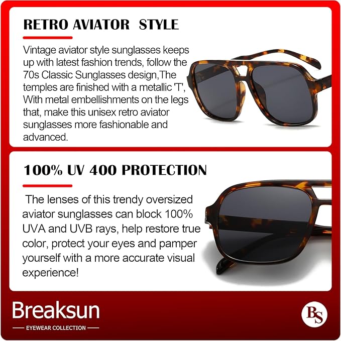 Retro Aviator Sunglasses for Women Men Trendy Classic 70s Square Aviator Sun Glasses Vintage Shades