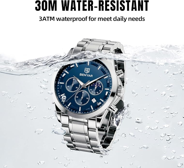 BY BENYAR Mens Watches Analog Quartz Chronograph Waterproof Wrist Watches for Men Fashion Business Work Casual Sport Designer Dress Watch with Calendar Elegant Gifts for Men