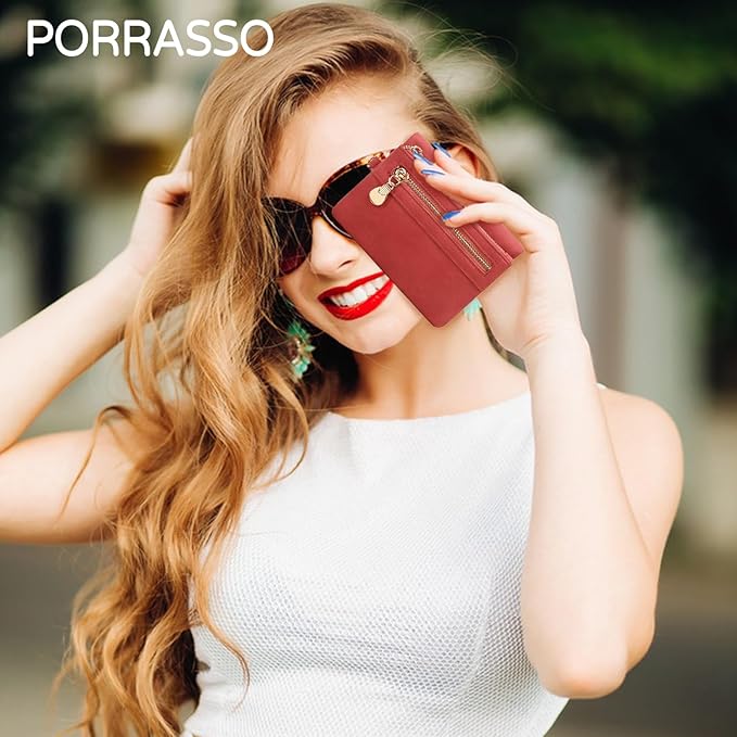 Women's Vintage Genuine Leather Handbag Wallet Dark Billfold Purse with Snap Closure for Daily Essentials (Red)
