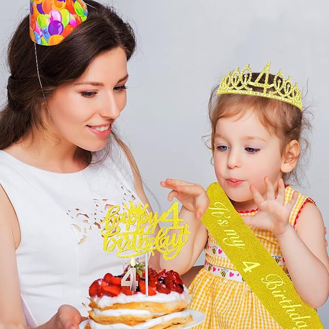 4th Birthday Decorations for Her Girls Set, Include 4th Birthday Crown and 4 Sash, 4th Birthday Cake Topper and 4 Birthday Candles, Gold 4 Balloons, Women 4th Party Supplies(Gold)