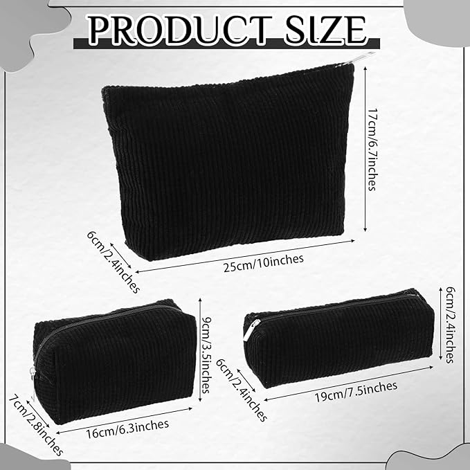 3 Pcs Makeup Bag Set for Women Corduroy Cosmetic Pouch Aesthetic Smile Travel Toiletry Bag Cute Purse Pouch Pencil Case Makeup Brushes Storage Organizer for Christmas(Black,Solid Style)