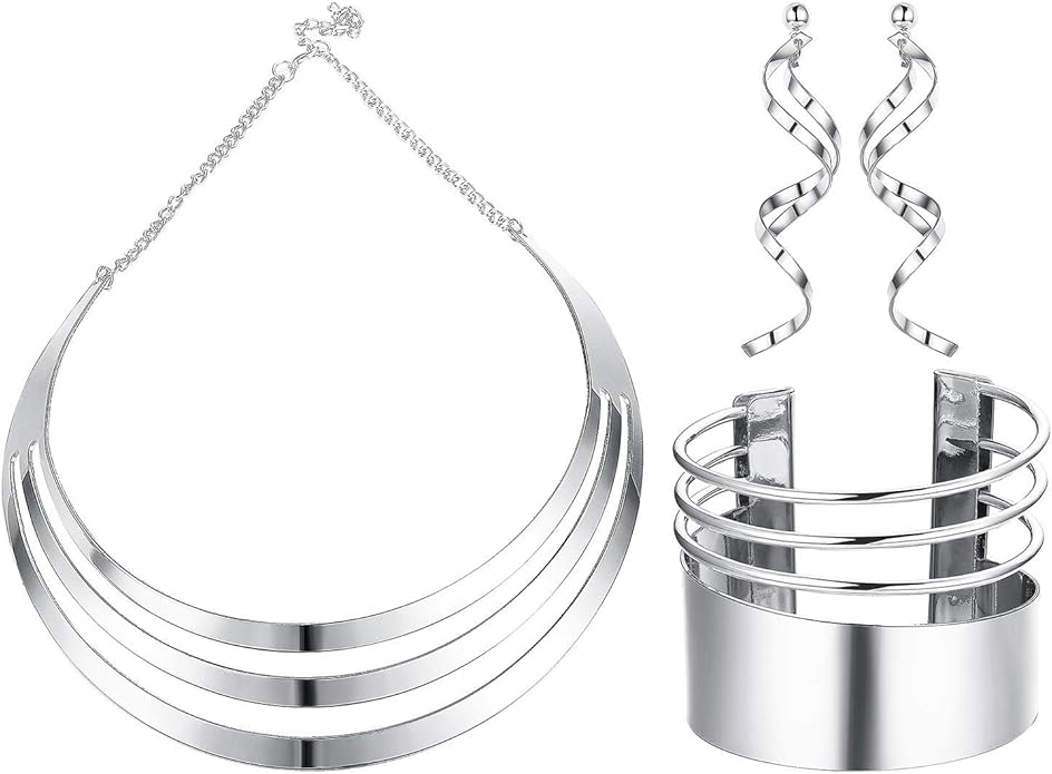 JOERICA Bib Choker Necklace Set for Women Wide Cuff Bangle Bracelets Long Statement Dangle Earrings African Costume Jewelry Set