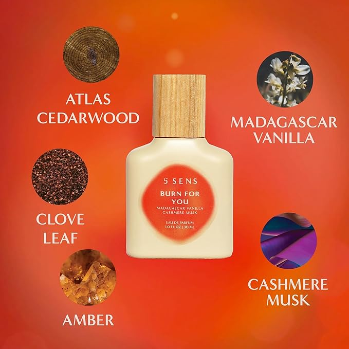 5 SENS Burn For You Eau de Parfum Travel Spray (10 mL) - Clean, Long-Lasting Fine Fragrance - Warm, Woody, Spicy with Cedarwood, Vanilla, Clove, Cashmere Musk & Amber - Vegan, Cruelty-Free