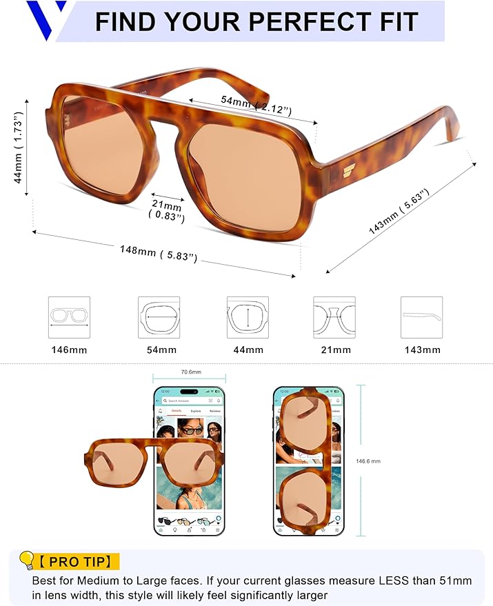 VANLINKER Oversized Retro Square Aviator Sunglasses for Women Men 70s Vintage Style Trendy Big Flat Top Sun Glasses VL9826