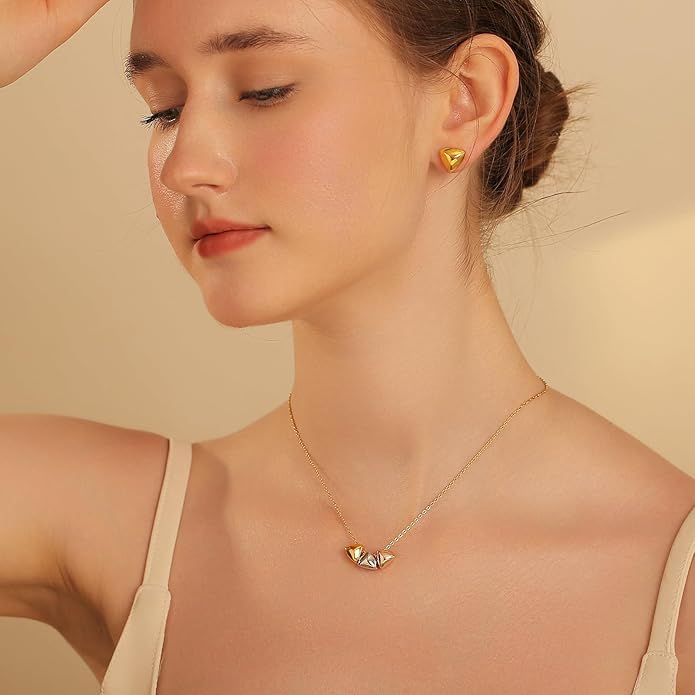 Dainty Geometric Jewelry Set for Women - Stainless Steel Necklace & Earrings Minimalist Matching Set