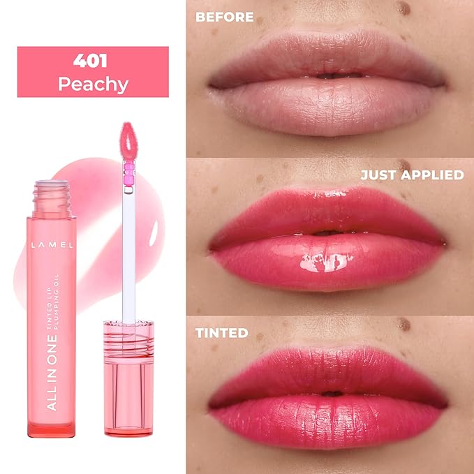 Lamel All-in-One Lip Oil - Lightweight, Tinted, Plumping, Hydrating Lip Gloss - Lip Balm for Day & Night Use, Long-Lasting Lip Stain, Lip Glow Oil, No-Sticky Gloss, Lip Plumper Tint - Peachy №401