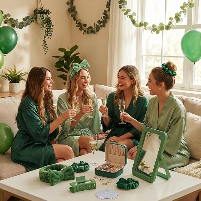Spa Party Favors Pink Sleepover Party Supplies Bow Headband Wristband Scrunchies Hair Clip Jewelry Case Makeup Bag Mirror for Women Bridesmaid Return Gifts(Green,48 Pcs)
