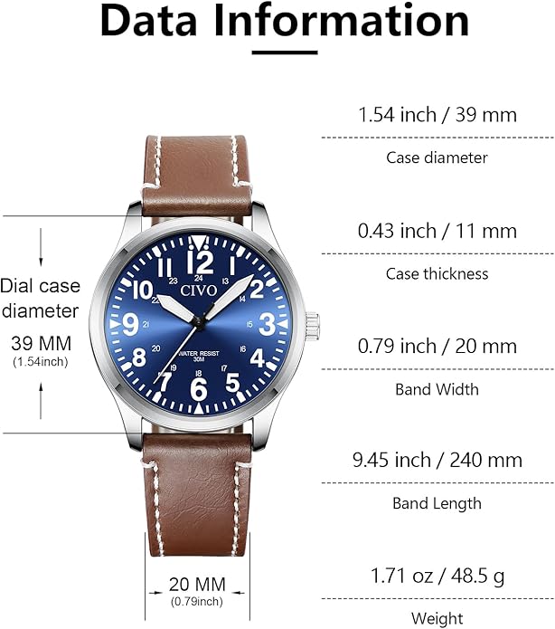 CIVO Analog Wrist Watches for Men: Waterproof Stainless Steel Mens Watches - Silver Watch with Easy Read Dial Men's Watch for Gift