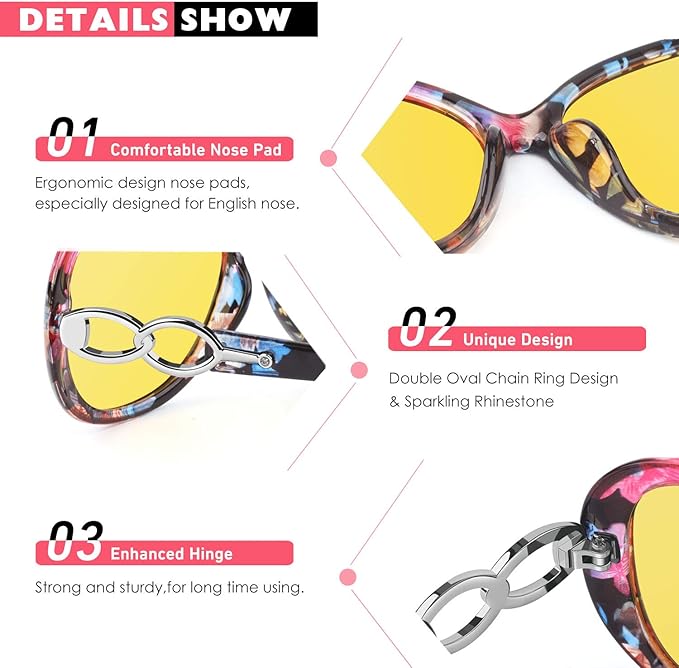 CGID Night Driving Glasses Women,Anti Glare Polarized Nighttime Vision Yellow Trendy Oversized Lens UV400,Floral