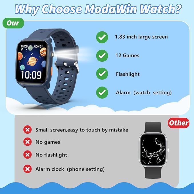 Smart Watch for Kids with 12 Puzzle Games, 1.83" Fitness Tracker Watch Heart Rate Sleep Monitor, Pedometer, Alarm Clock, Flashlight, Gift for 6-12 Year Old Boys Girls