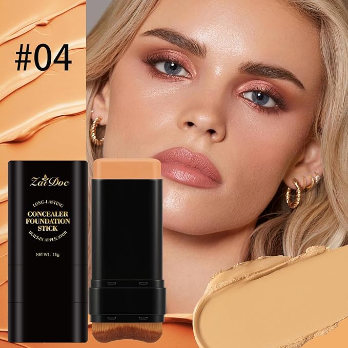 Concealer Foundation Stick, 2-in-1 Long-Lasting Foundation and Concealer with Brush, Creamy Full Coverage for Dark Circles & Blemishes, Hydrating Olive & Camellia, 2.09 Oz (04#)