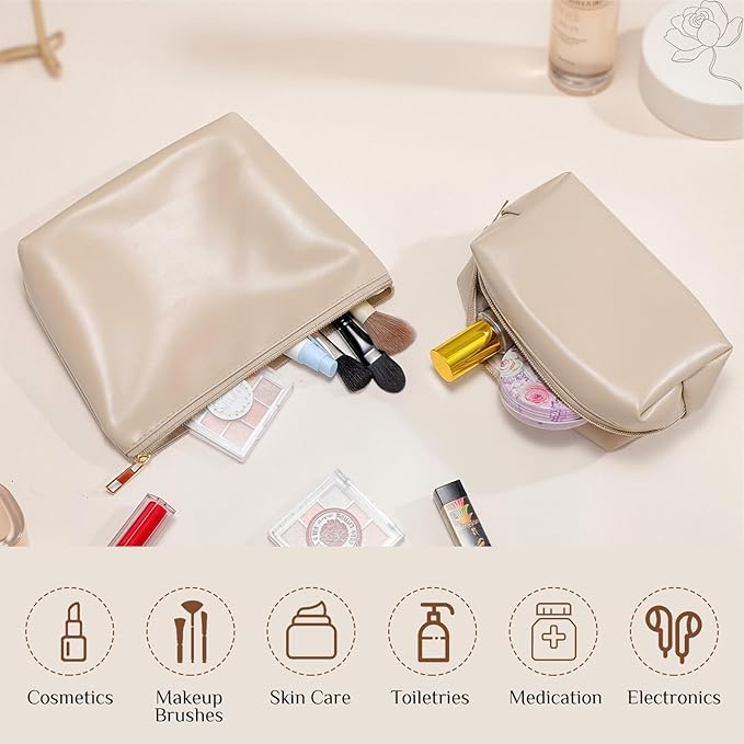 Kigeli 2 Pcs PU Leather Makeup Bag Set for Women Aesthetic Cosmetic Bag Small Toiletry Travel Pouch for Purse Emergency Skincare Organizer Valentine Gifts for Bridesmaid Birthday(Nude)