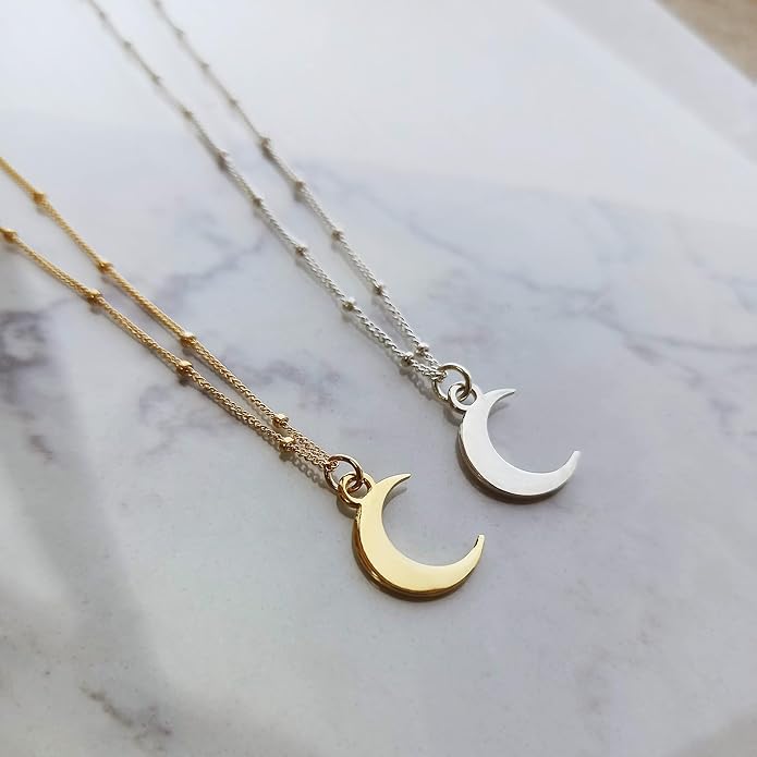 Gold Moon Necklace for Women - Crescent Pendant on a Minimal Gold Filled Satellite Chain - Length 16" + 2" Extender