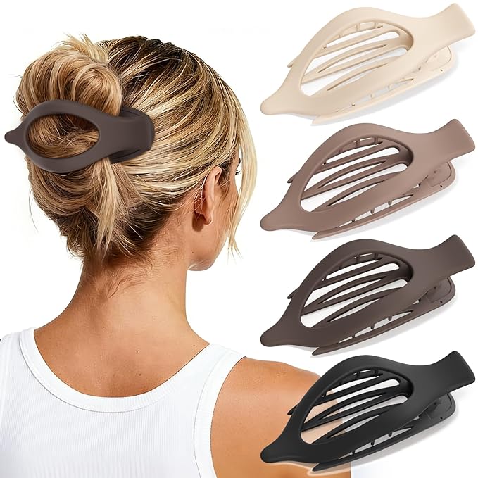 4 PCS Large Flat Hair Clips for Women Girls, French Concord Lay Down Claw Clips for Thick Thin Hair, Comfortable Curved Flat Clips, Matte Non-slip Strong Hold Hair Accessories, Brown