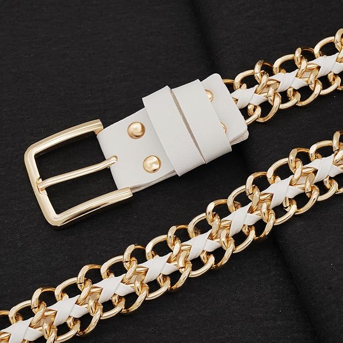 Glamorstar Gold Metal Punk Belts Leather Chain Waist Belt for Women Dresses