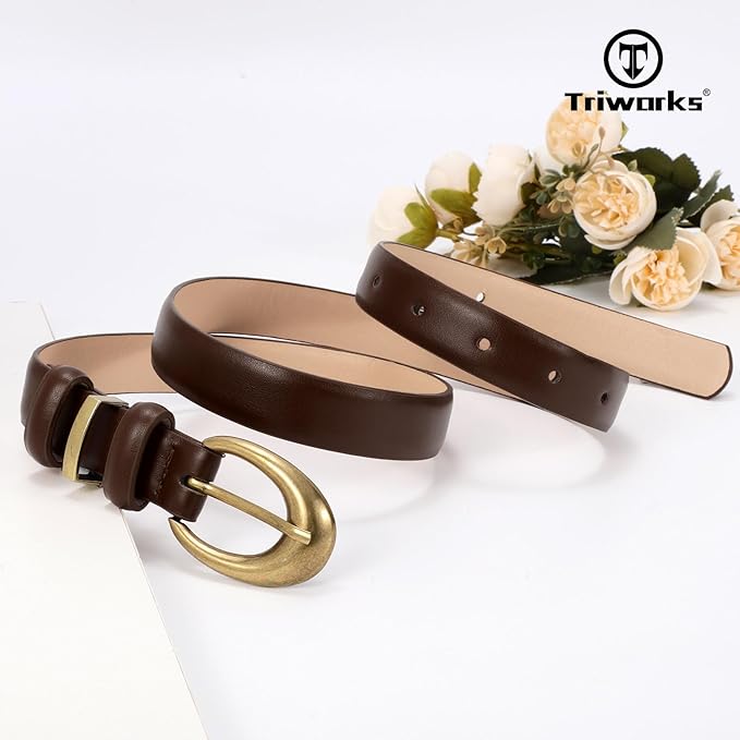 TRIWORKS Women Leather Belt for Jeans Pants Fashion Ladies Skinny Faux Leather Dress belt with Gold Buckle