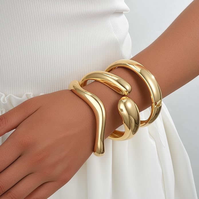 iF YOU Chunky Gold Bangle Bracelets for Women, 14k Gold Plated Multi Layer Stackable Cuff Bracelet Set, Trendy Statement Bracelet Stack Jewelry Gifts