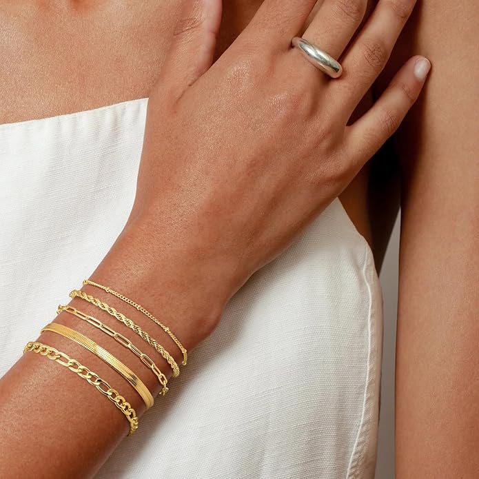 Gold Bracelets for Women Non Tarnish, Dainty 18K Gold Plated Bracelets Stack Trendy Waterproof Stackable Bangles, Cuban Link Paperclip Chain Jewelry Set Fashion Accessories Gifts for Women