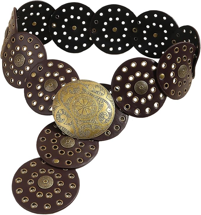 Hollow Wide Disc Belt for Women Concho Leather Metal Buckle Boho Belt Cowgirl Vintage Western Chunky Waist Belts