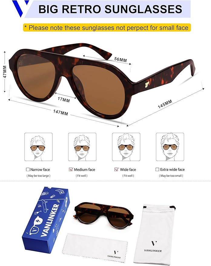 VANLINKER Retro Aviator Polarized Sunglasses for Men Women Trendy 70s Vintage Plastic Frame Sun Glasses VL9750