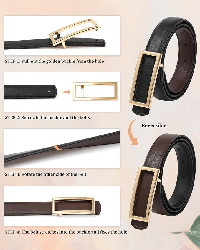AWAYTR Women Reversible Leather Belt - Two-in-One Women Fashion Skinny Belt for Jeans with Golden Buckle