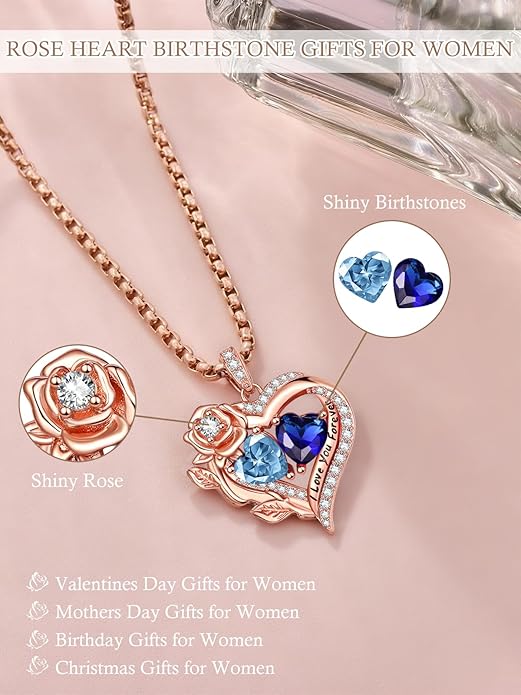 Rose Heart Necklaces for Women, Rose Gold Forever Love Jewelry with 2 Birthstones Pendant, Christmas Anniversarry Birthday Gifts for Her Wife Mom Grandma, 18+2 Inch Chain