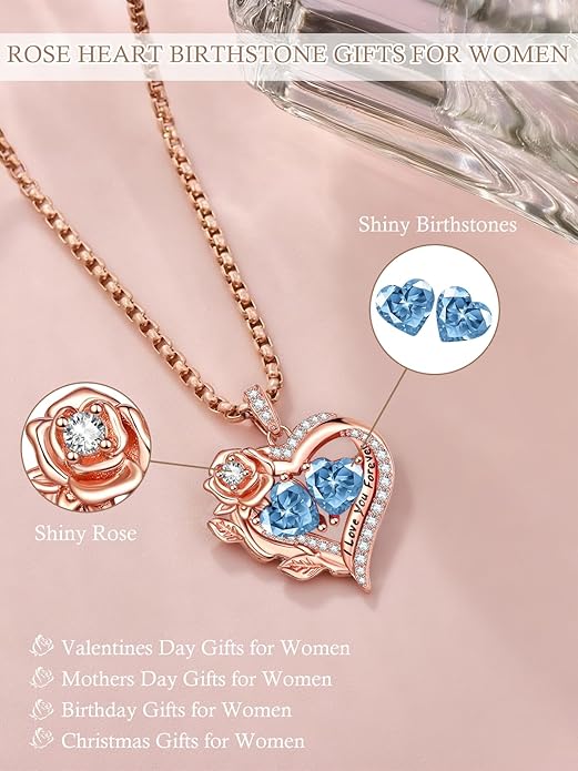 Rose Heart Necklaces for Women, Rose Gold Forever Love Jewelry with 2 Birthstones Pendant, Christmas Anniversarry Birthday Gifts for Her Wife Mom Grandma, 18+2 Inch Chain