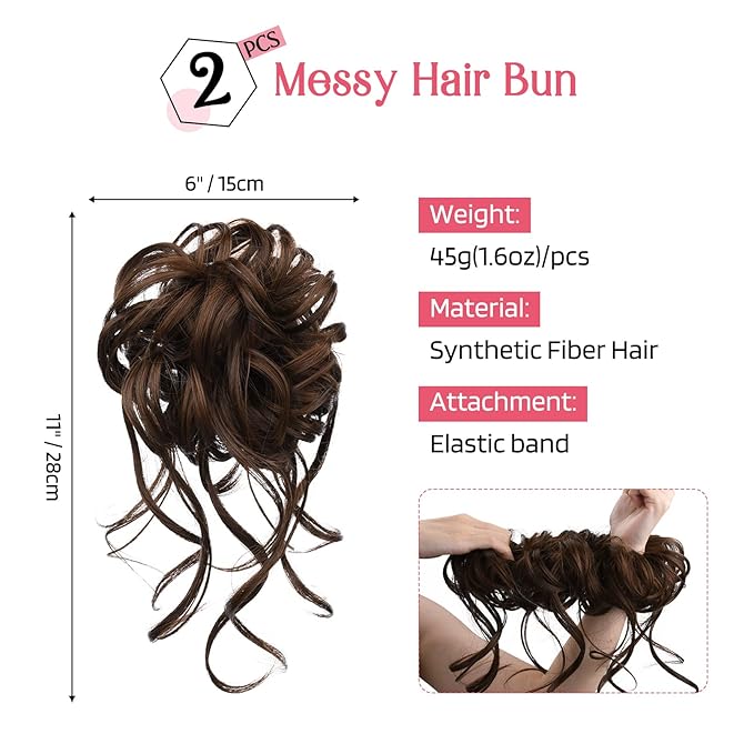 HOOJIH Messy Bun Hair Piece, 2PCS Tousled Updo with Tendrils Hair Bun Extensions Wavy Curly Hair Wrap Ponytail Hairpieces Hair Scrunchies for Women HB010 Dasiy - Warm Brown with little black mixed