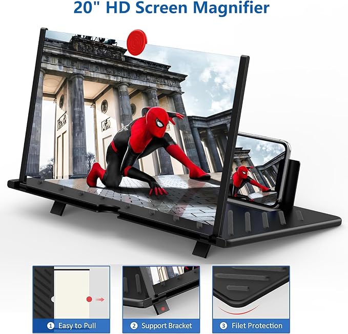 20" Screen Magnifier for Cell Phone,Mobile Phones 3D Magnifier, Screen Expanders for Movies, Videos, and Gaming, Foldable Phone Stand with Screen Amplifier Compatible with All Smartphones(Black)