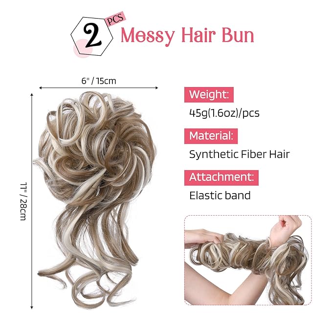 HOOJIH 2PCS Messy Bun Hair Piece, Tousled Updo with Tendrils Hair Bun Extensions Wavy Curly Wrap Ponytail Hairpieces Scrunchies for Women HB010 Dasiy - Deep Blonde with Blonde highlights
