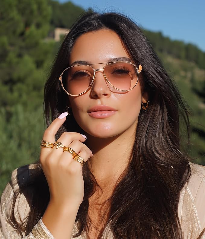FEISEDY Oversized Aviator Sunglasses Women Men - Retro Gold Metal Chunky Frame, UV400 for Driving & Daily Wear B0311