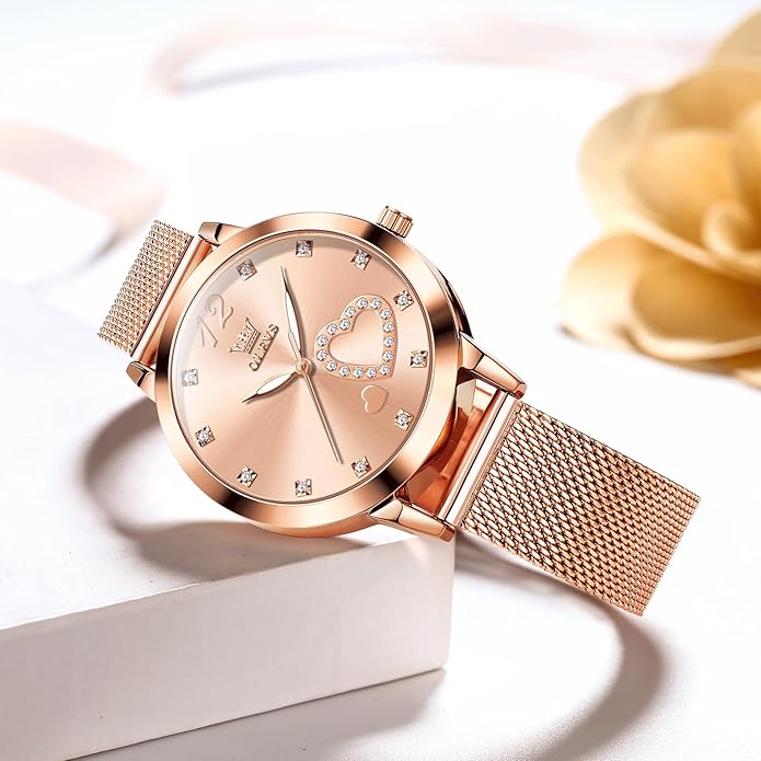 OLEVS Women's Small Wrist Rose Gold Tone Watch - Cute Diamond Heart Arabic Numerals Dial, Fashion Waterproof Mesh Bracelet Analog Dress for Ladies