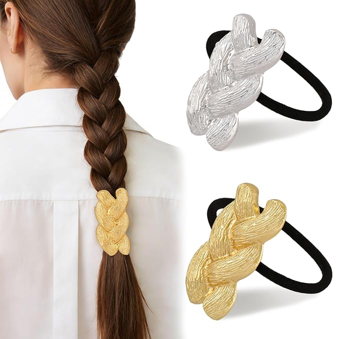 2 PCS Metal Hair Ties for Braids, Elastic Pony Tails Hair Ties for Thick Thin Hair, Elegant Braided Pony Cuff, No Damage Ponytail Cuff Holders, Seamless Hair Accessories, Gold & Silver