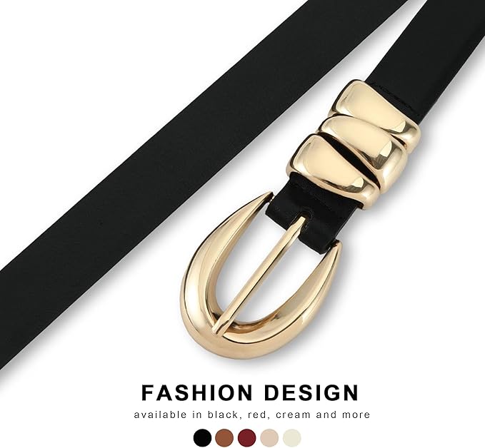 Skinny Leather Waist Belt - Gold Buckle Dress Belt for Women's Jeans & Dresses