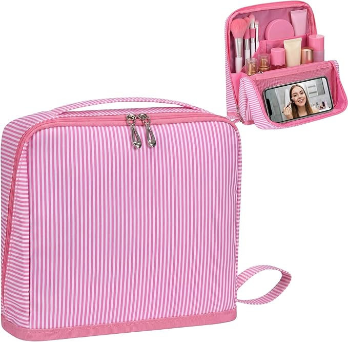 Striped Makeup Bag Large Cosmetic Bags for Women Gift with Brush Loops Mesh Pocket Wrist Strap Travel Organizer Storage Pouch Toiletry Case with Divider for Mirror(Pink)