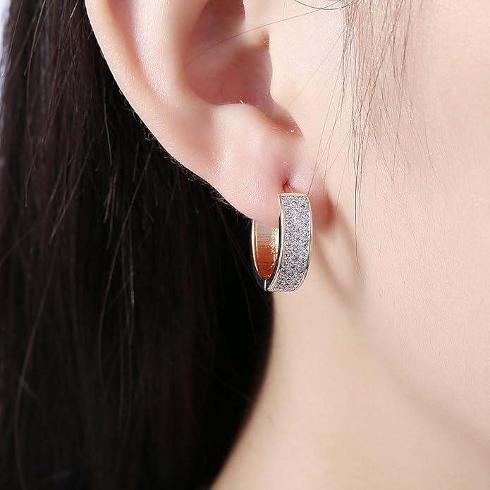 14K Gold Plated Cubic Zirconia Hoop Earrings,Three Row Diamon | Arrows | Double Row of Diamonds Huggie Earrings for Women