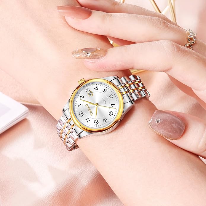 Womens Watch Fashion Dress Waterproof Silver Watches for Women Casual Easy Read Quartz Analog Women's Watch Two Tone Stainless Steel Ladies Watches with Day Date
