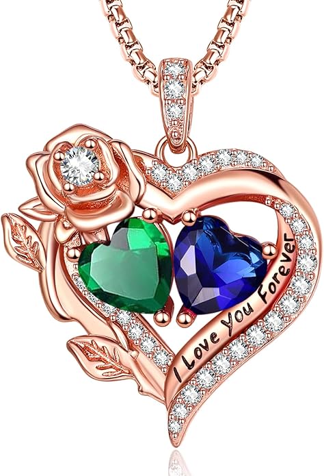 Rose Heart Necklaces for Women, Rose Gold Forever Love Jewelry with 2 Birthstones Pendant, Christmas Anniversarry Birthday Gifts for Her Wife Mom Grandma, 18+2 Inch Chain