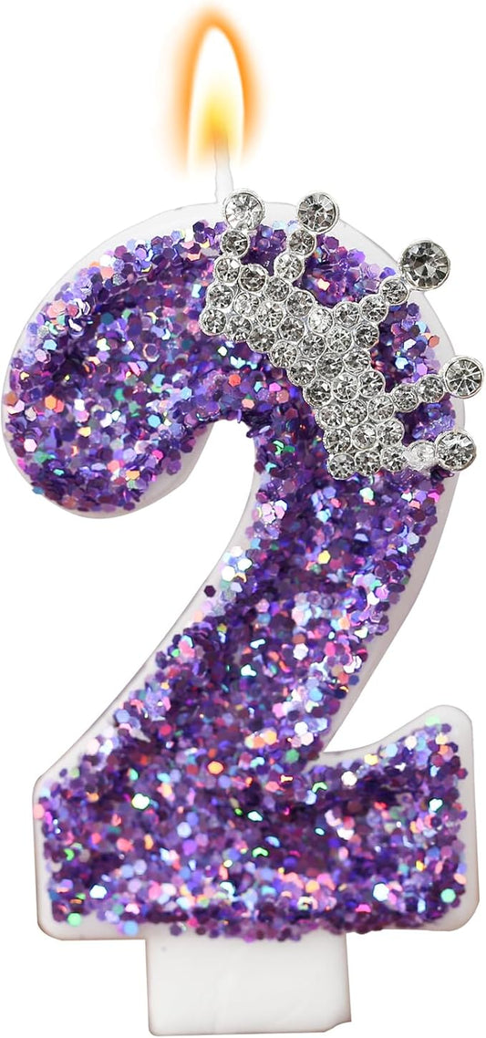 Birthday Number Candles,Purple Crown Birthday Candles for Cake,Glitter Number 2 Candle Cake Topper with Sequins for Anniversary Celebrations Supplies (Number 2)