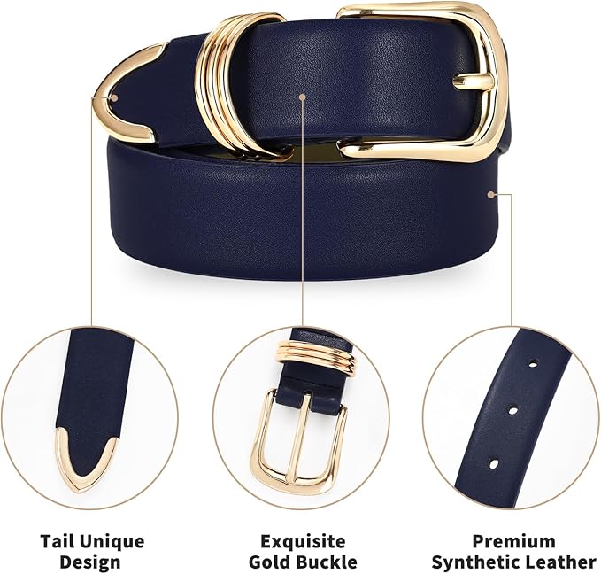 Women's Leather Belts with Gold Buckle Fashion Leather Waist Belt Elegant Ladies Belts for Jeans Dress & Casual Wear
