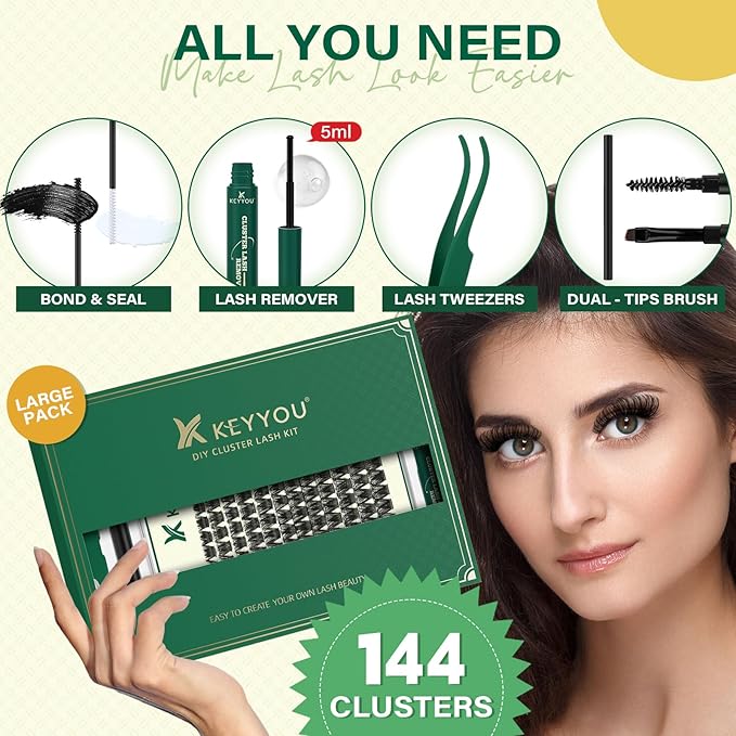 KEYYOU Lash Clusters Kit 144pcs Thick Volume D Curl Eyelash Clusters Lash Extension Kit with Mascara Brush Bond and Seal Glue Remover Applicators and Brush for DIY Lash Extensions (Y02)