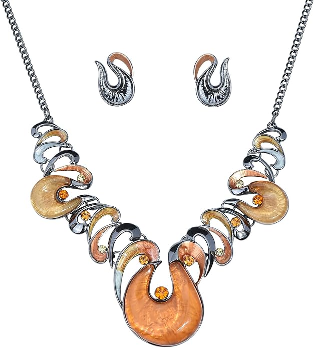 Retro Women's Crystal Floral Petal Leaf Chunky Statement Necklace and Earrings Set Party Jewelry