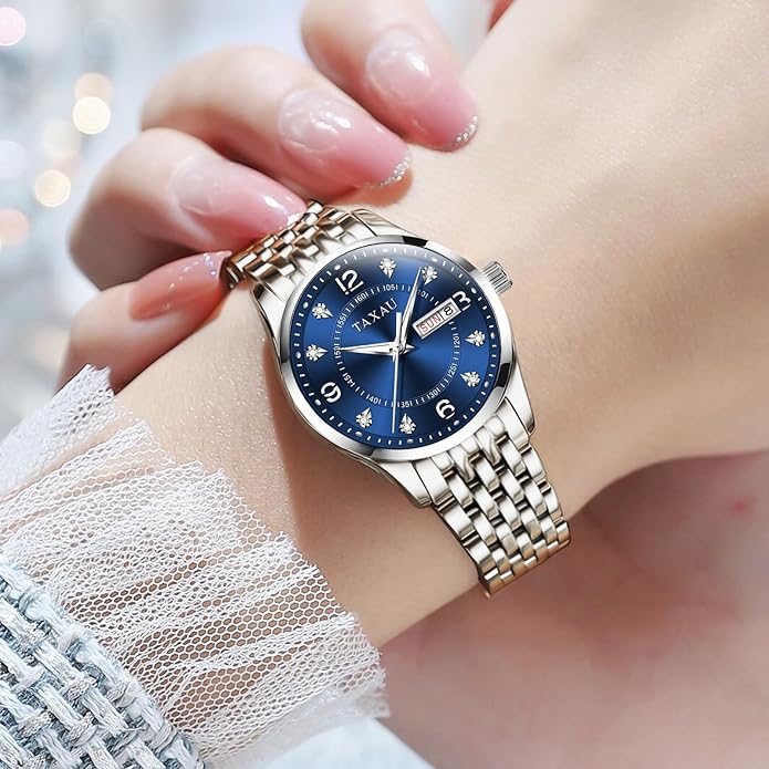 Gold Silver Two Tone Women Stainless Steel Watch Small Wrist ElegantDress Watch for Women Fashion Luxury Waterproof Day Date Analog Quartz Ladies Watches
