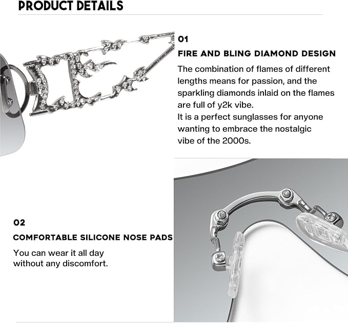 mosanana Y2K Rhinestone Flame Rectangle Sunglasses for Women with Bling Glitter MS52350