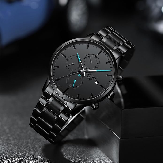 NIBOSI Men's Watches Analog Minimalist Black Dial Watches for Men Business Chronograph Military Casual Wrist Watches Stainless Steel Strap Date