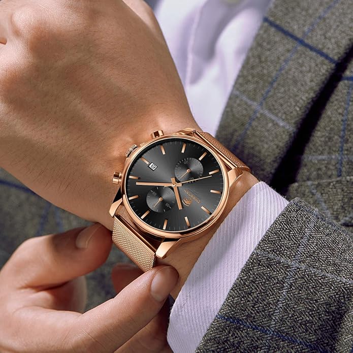 GOLDEN HOUR Mens Watch Fashion Sleek Minimalist Quartz Analog Mesh Stainless Steel Waterproof Chronograph Watches for Men with Auto Date
