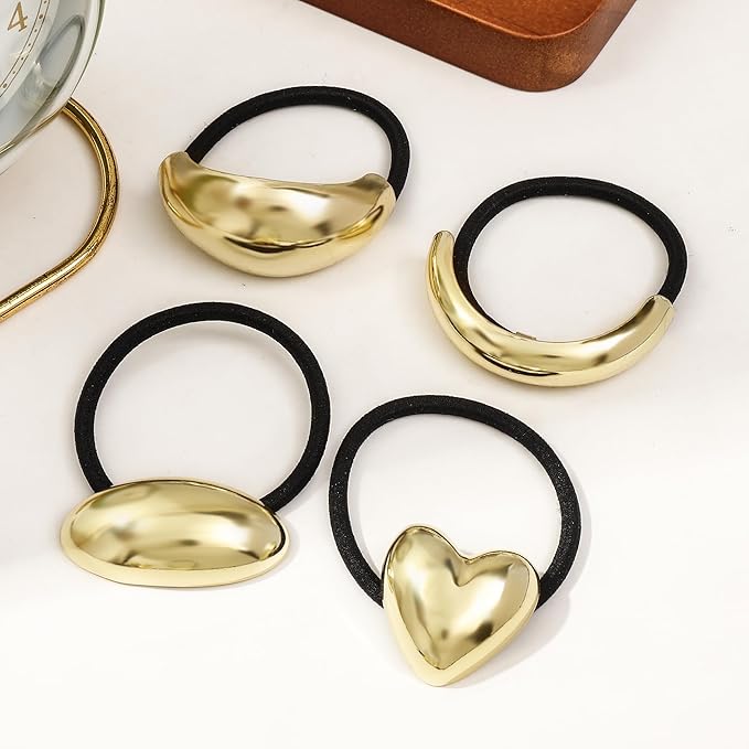 Gold Metal Hair Ties for Women - Cuffs, Accessories, Elastic Bands for Thick and Thin Hair Ponytails