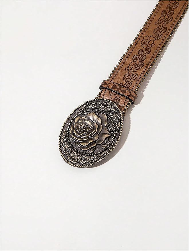 Women's Floral Embroidery Genuine Leather Belt Vintage Square Buckle